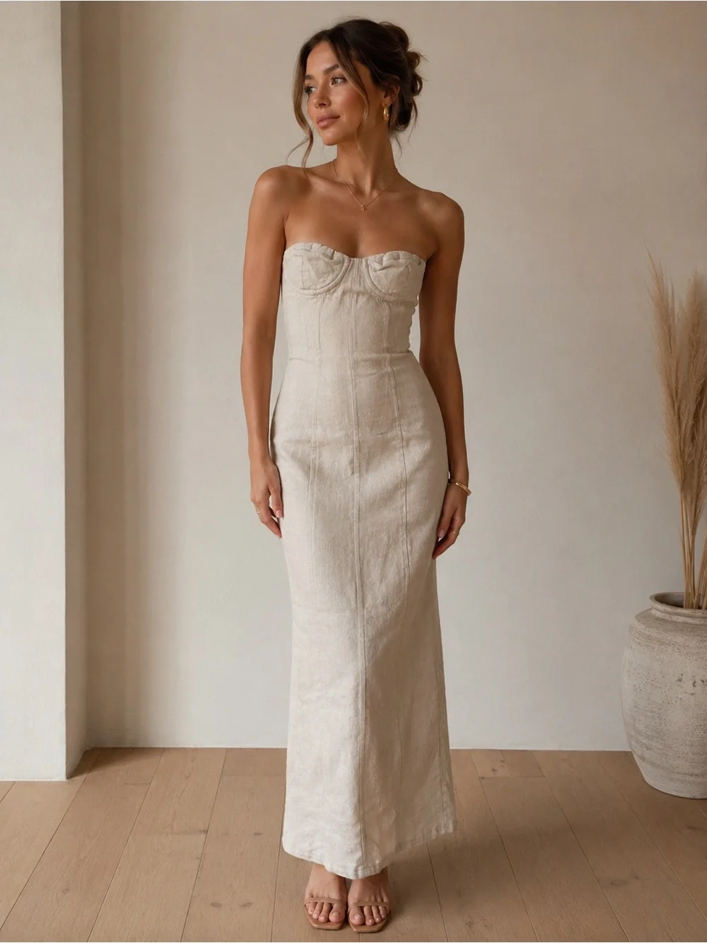 DISSH Natural Linen Strapless Bustier Maxi Dress - Picture 1 of 6